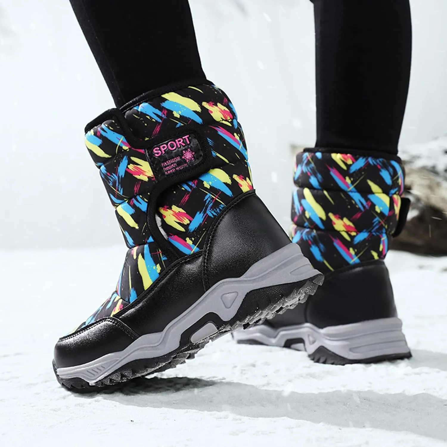 CERYTHRINA Girls Boys Snow Boots Kids Outdoor Winter Shoes Warm Fur Lined Hight-Cut for Outdoor Skiing Bootie