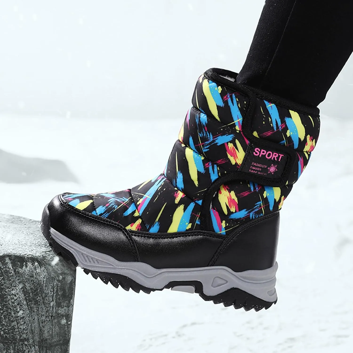CERYTHRINA Girls Boys Snow Boots Kids Outdoor Winter Shoes Warm Fur Lined Hight-Cut for Outdoor Skiing Bootie