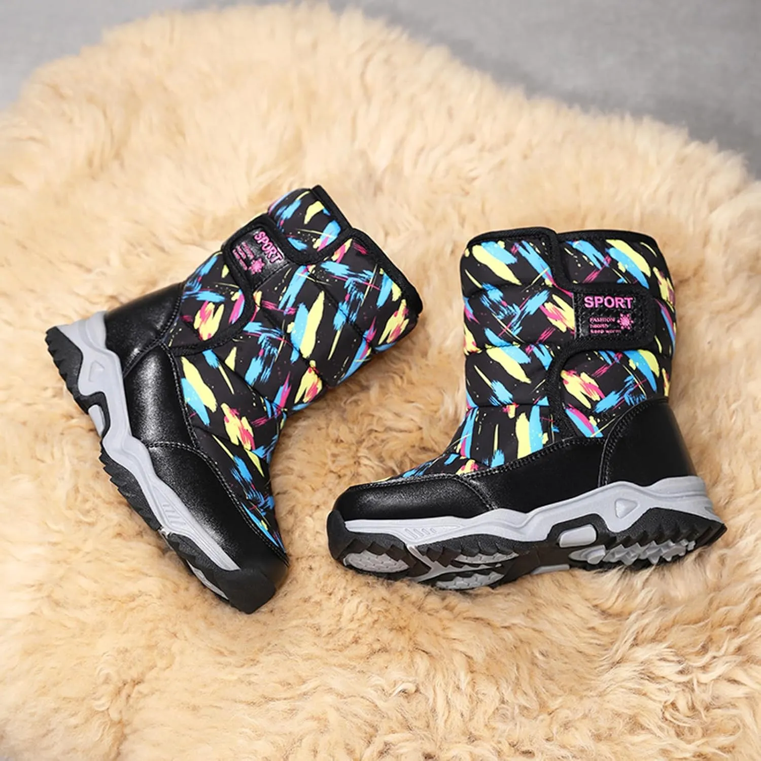 CERYTHRINA Girls Boys Snow Boots Kids Outdoor Winter Shoes Warm Fur Lined Hight-Cut for Outdoor Skiing Bootie