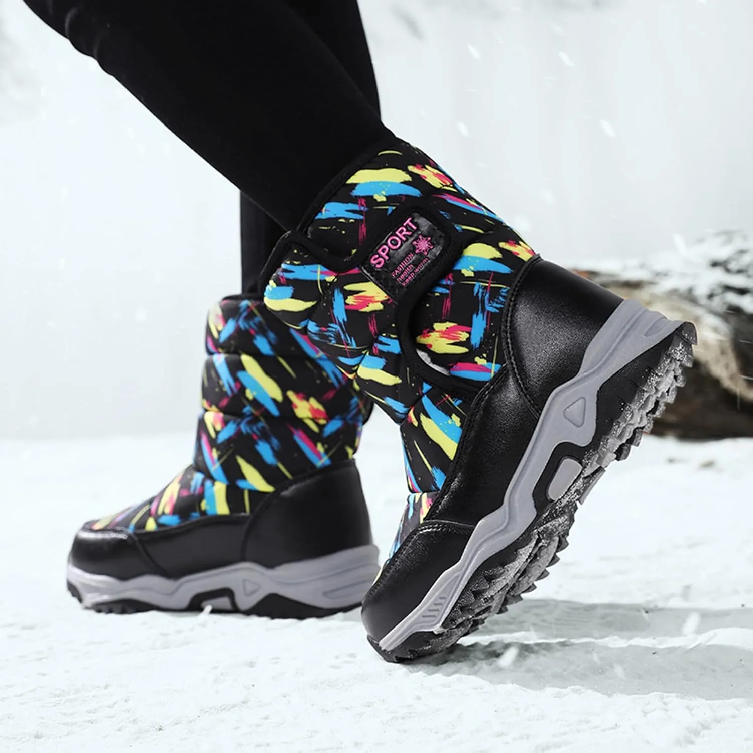 CERYTHRINA Girls Boys Snow Boots Kids Outdoor Winter Shoes Warm Fur Lined Hight-Cut for Outdoor Skiing Bootie