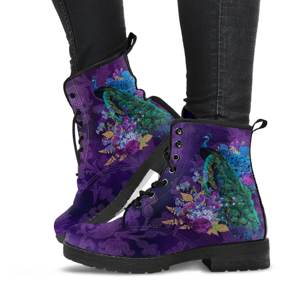 Combat Boots - Peacock #102 | Boho Shoes, Handmade Vegan Lace Up Boots, 2000s Boots, Aesthetic Shoes, Custom Shoes, Purple Boots for Women