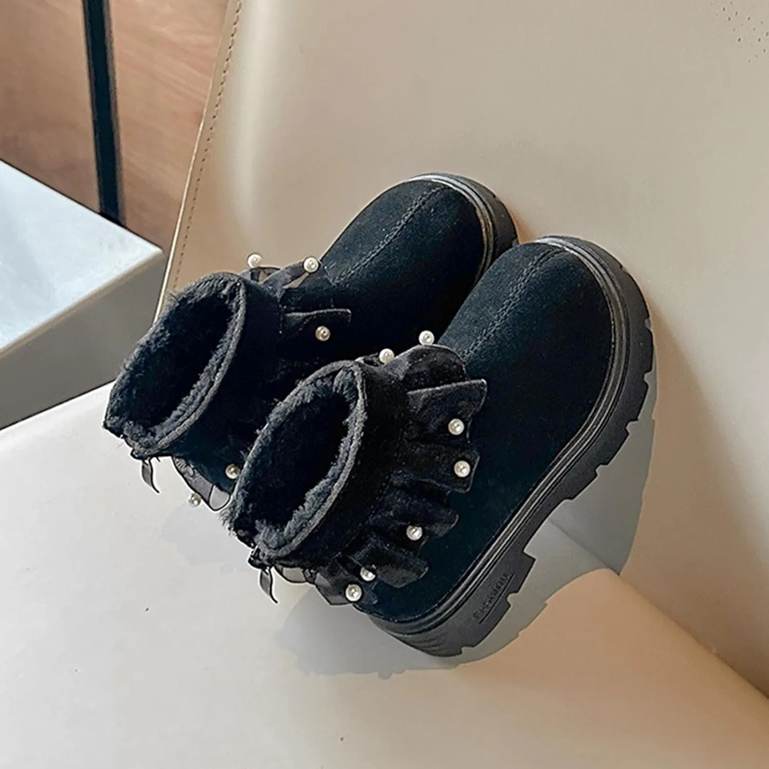 Princess Girls Fashion Pearl Ankle Boots Cute Sweet Lace Decoration Low Heel Thick Bottom Dress Shoes for Kids