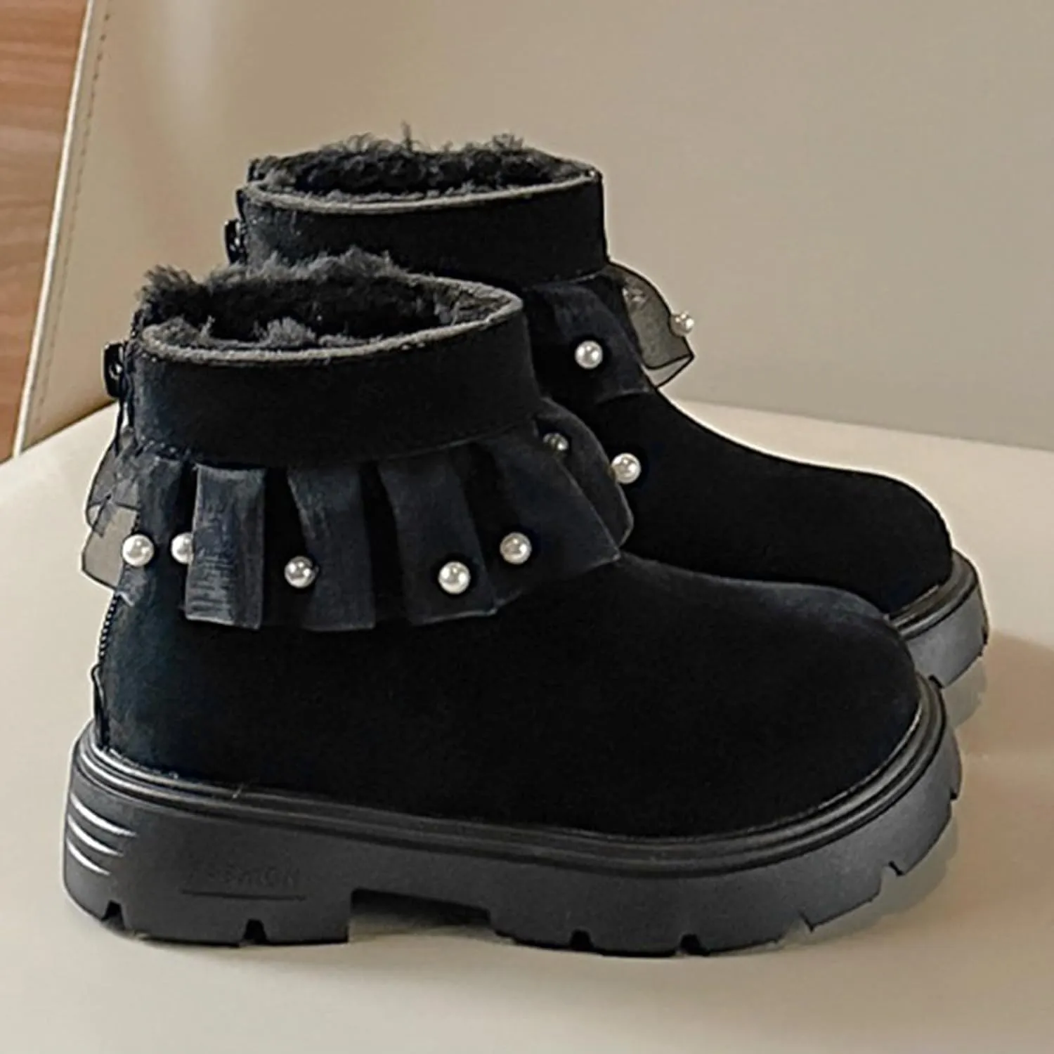 Princess Girls Fashion Pearl Ankle Boots Cute Sweet Lace Decoration Low Heel Thick Bottom Dress Shoes for Kids