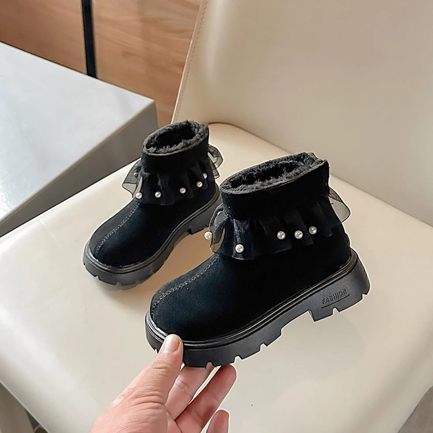 Princess Girls Fashion Pearl Ankle Boots Cute Sweet Lace Decoration Low Heel Thick Bottom Dress Shoes for Kids