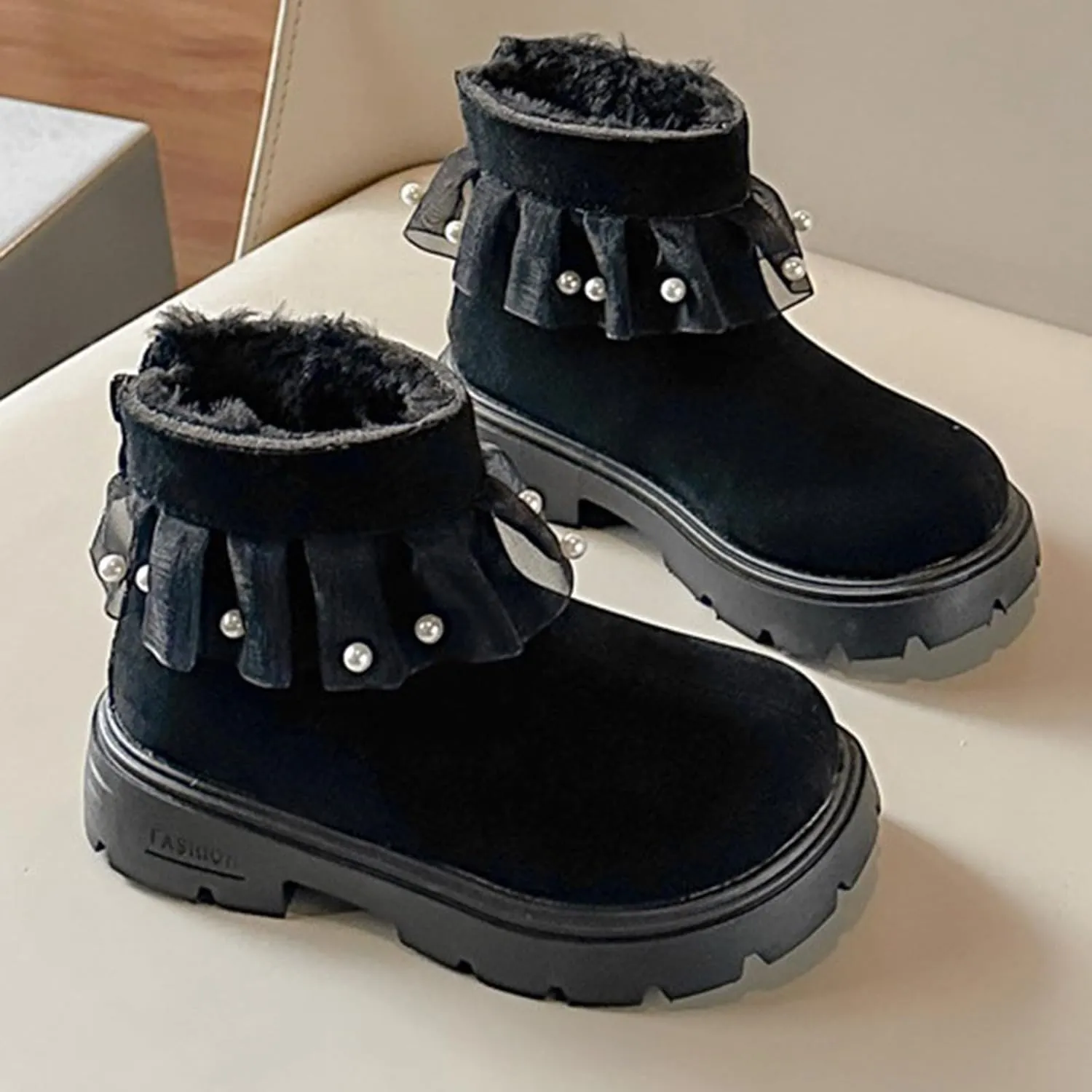 Princess Girls Fashion Pearl Ankle Boots Cute Sweet Lace Decoration Low Heel Thick Bottom Dress Shoes for Kids