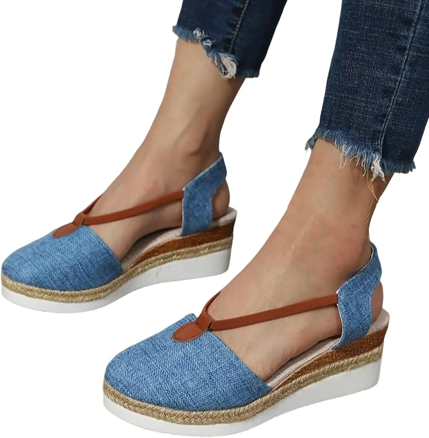 Smoneyful Womens Stylish Platform Wedge Sandals with Circle Ring Detail Espadrille Canvas for Beach Casual Comfortable for Every Occasion