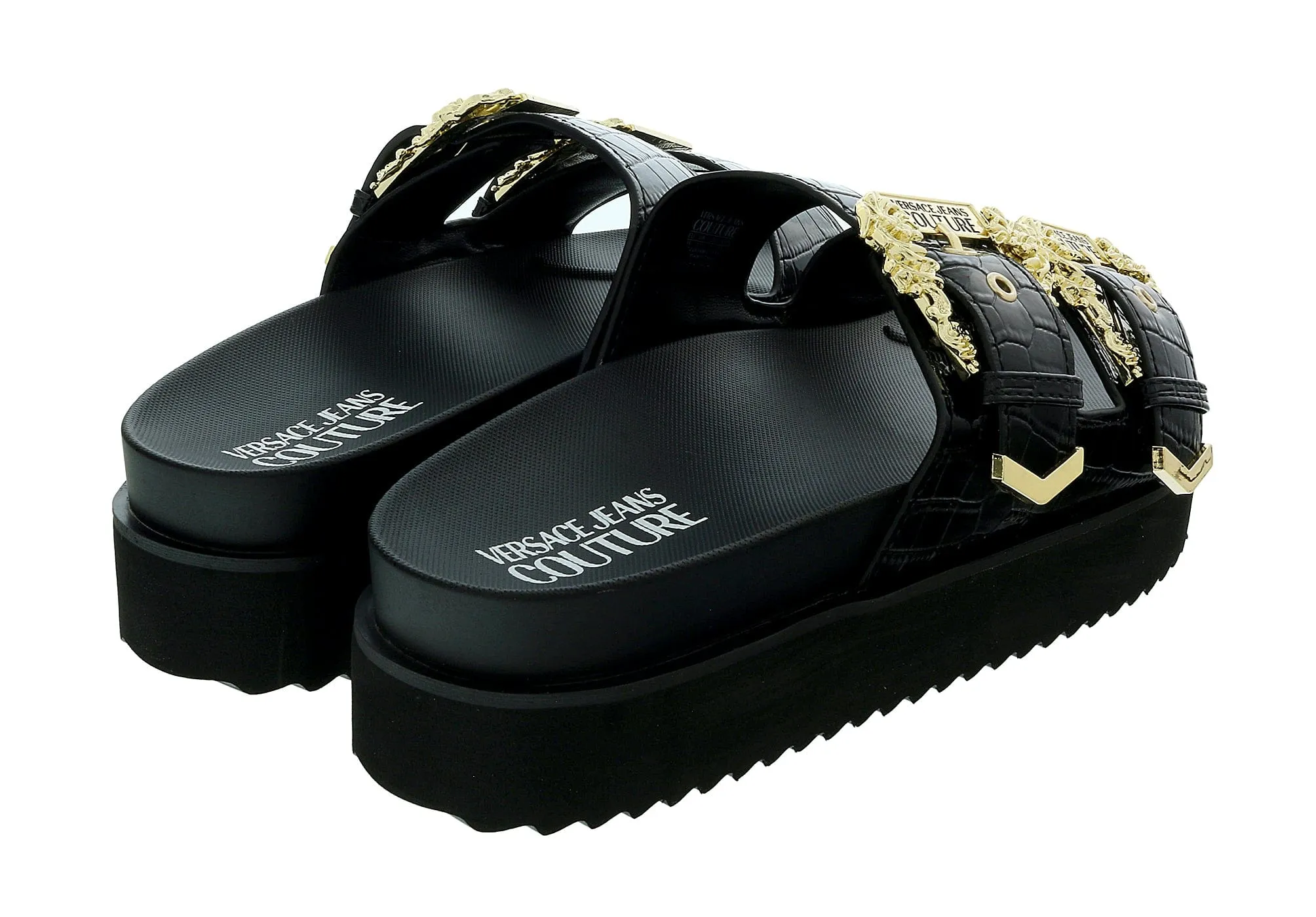 Versace Jeans Couture Black Baroque Buckle Beach Sandal -