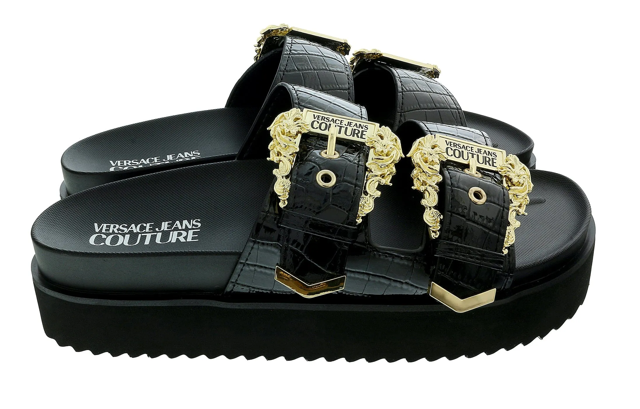 Versace Jeans Couture Black Baroque Buckle Beach Sandal -