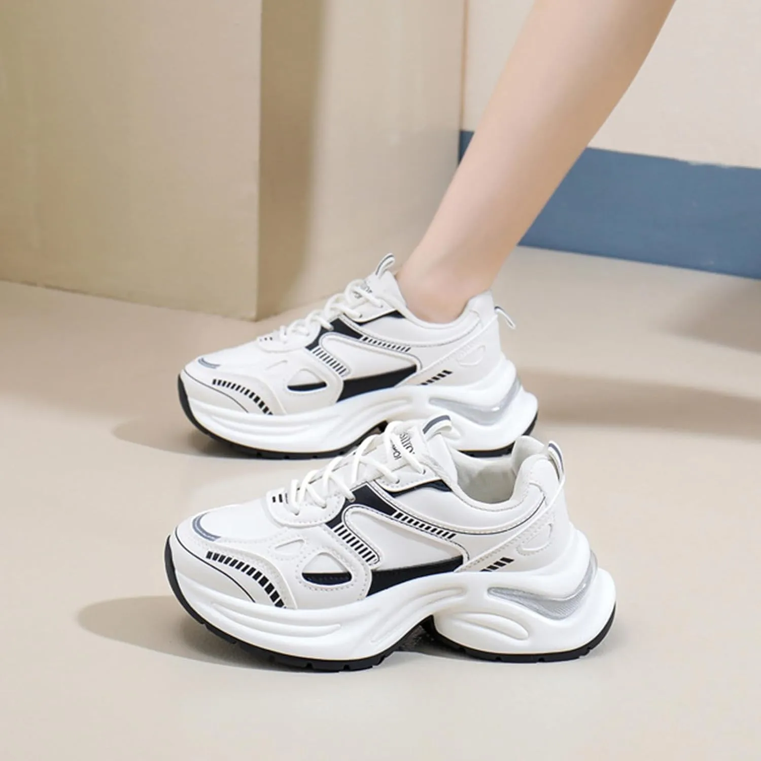 Women's Fashion Platform Sneakers - Dad Style Lace-up Trainers with Height Increase and Breathable Design, Perfect for Autumn Casual Look,White-37