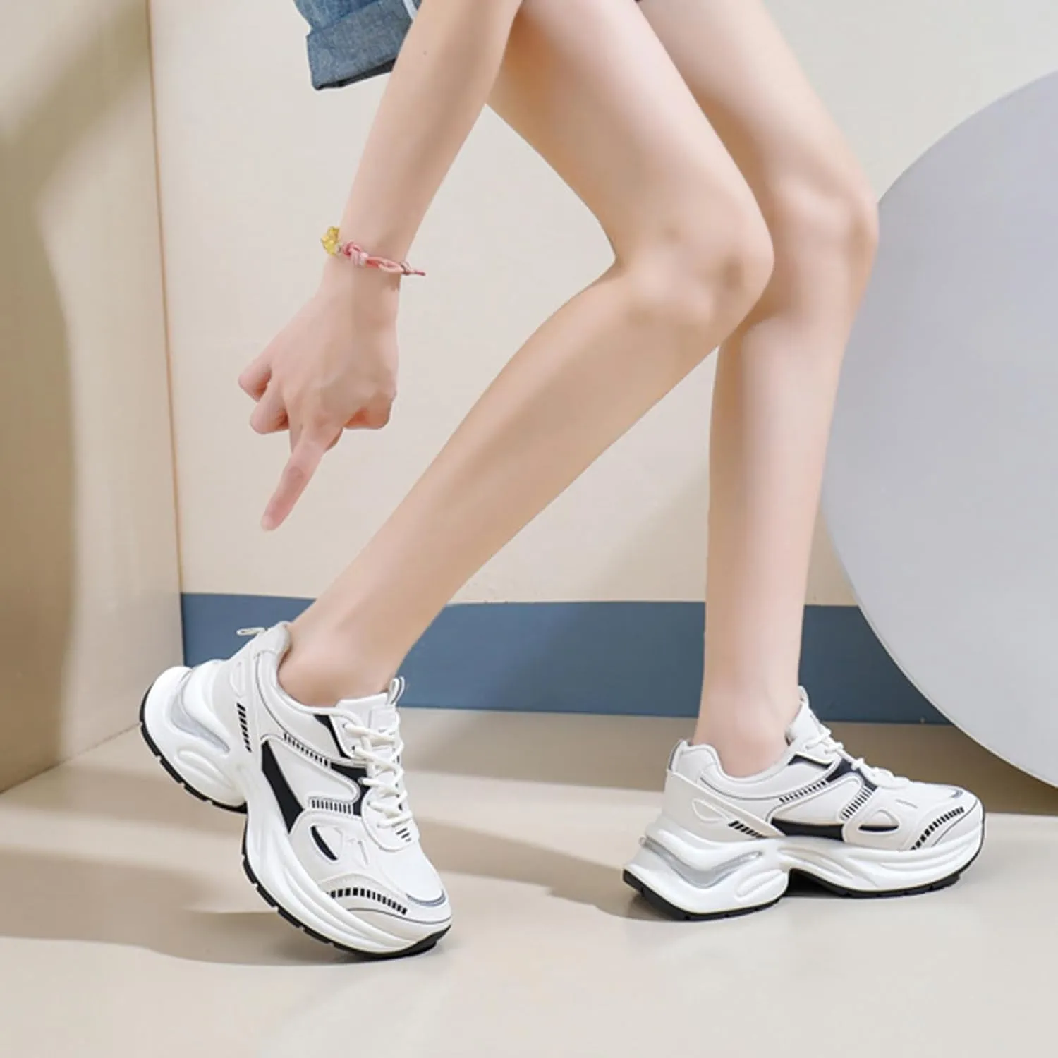 Women's Fashion Platform Sneakers - Dad Style Lace-up Trainers with Height Increase and Breathable Design, Perfect for Autumn Casual Look,White-37