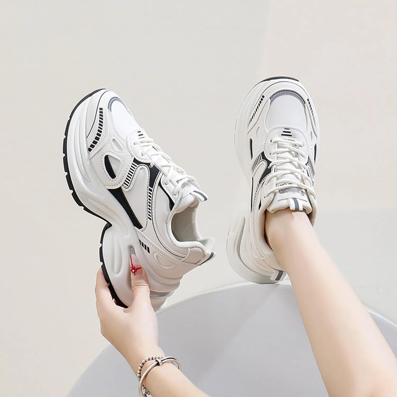 Women's Fashion Platform Sneakers - Dad Style Lace-up Trainers with Height Increase and Breathable Design, Perfect for Autumn Casual Look,White-37
