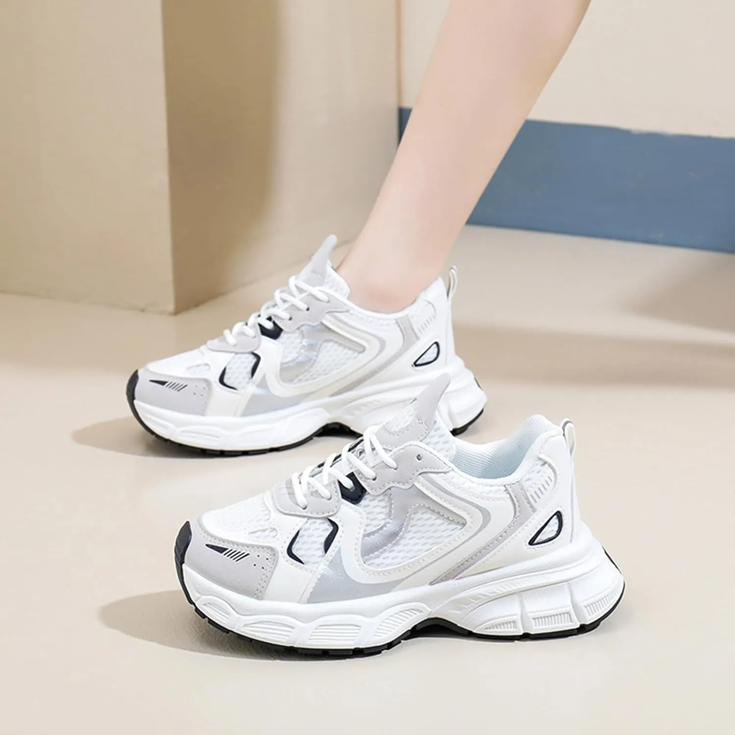 Women's Fashion Platform Trainers - Dad Sneaker Style Lace-up Breathable Mesh Sneakers for Casual Autumn Looks,Beige-35