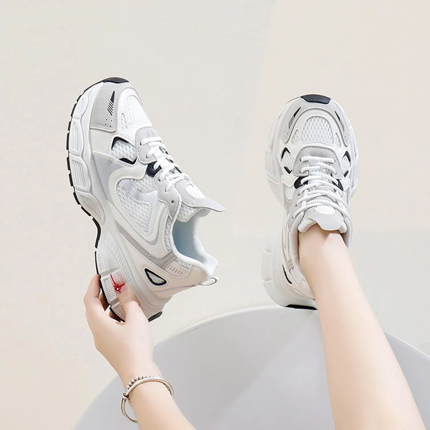 Women's Fashion Platform Trainers - Dad Sneaker Style Lace-up Breathable Mesh Sneakers for Casual Autumn Looks,Beige-35