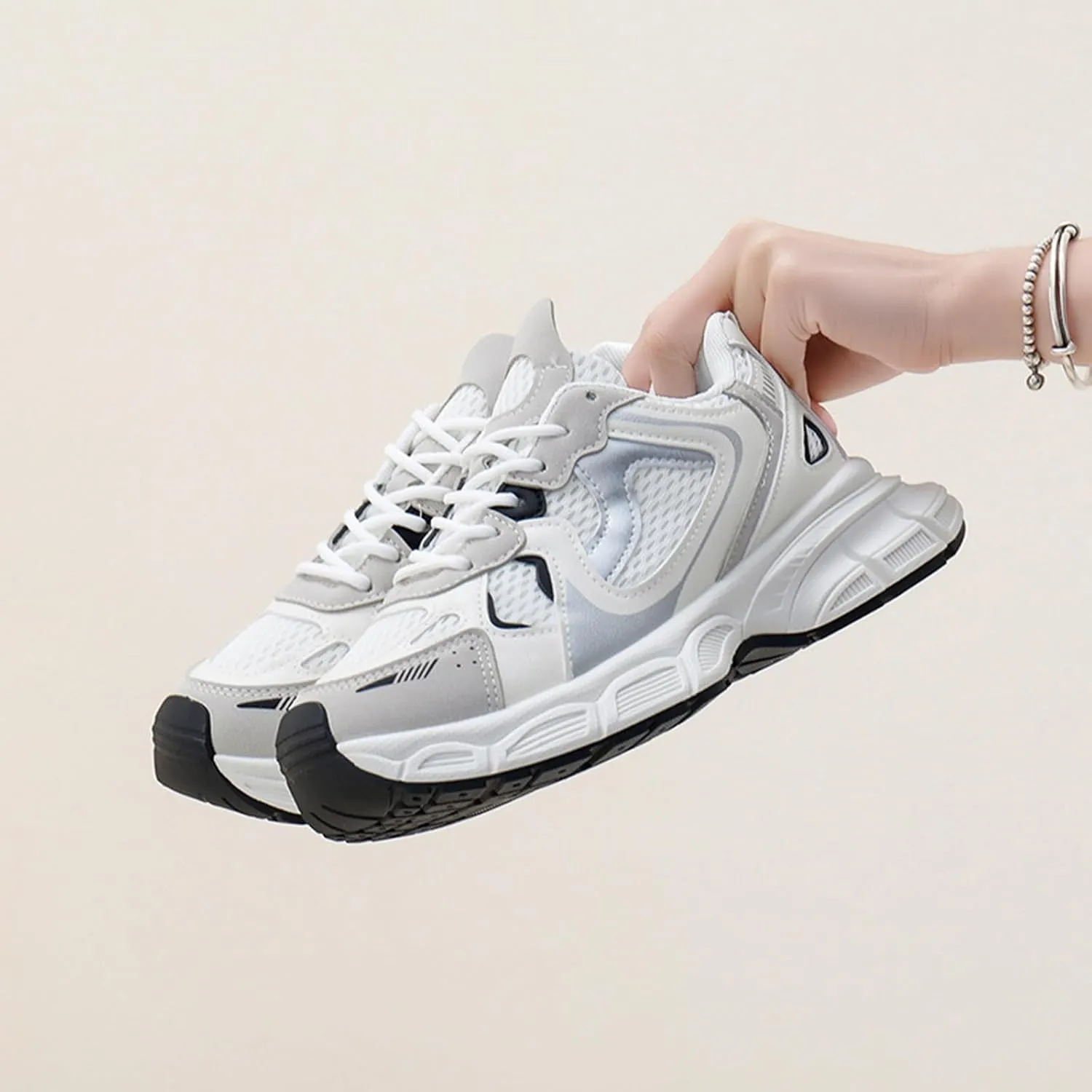 Women's Fashion Platform Trainers - Dad Sneaker Style Lace-up Breathable Mesh Sneakers for Casual Autumn Looks,Beige-35