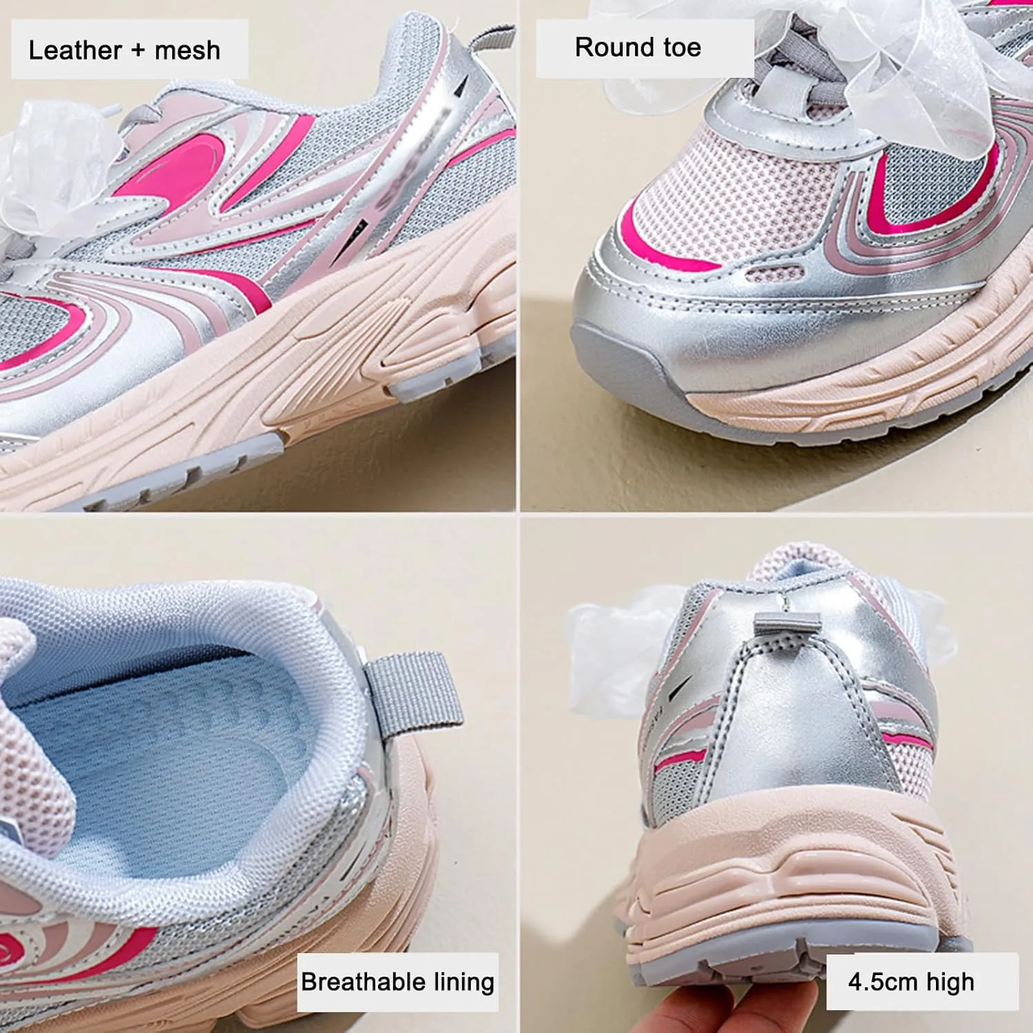 Women's Fashion Platform Trainers, Mesh Lace-up Breathable Dad Sneakers with Height Increase, Casual Autumn Fairy Style,Pink-34