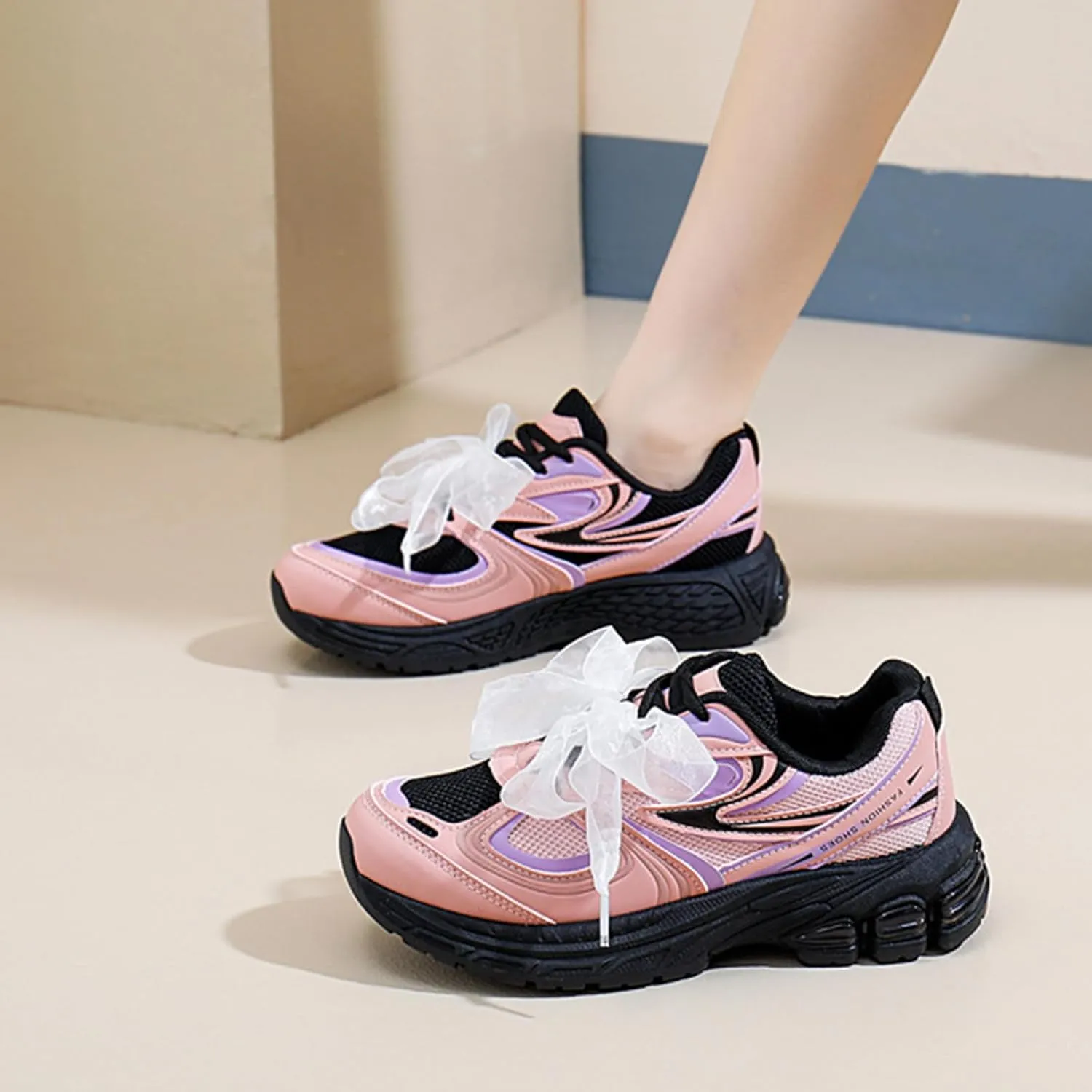 Women's Fashion Platform Trainers, Mesh Lace-up Breathable Dad Sneakers with Height Increase, Casual Autumn Fairy Style,Pink-34