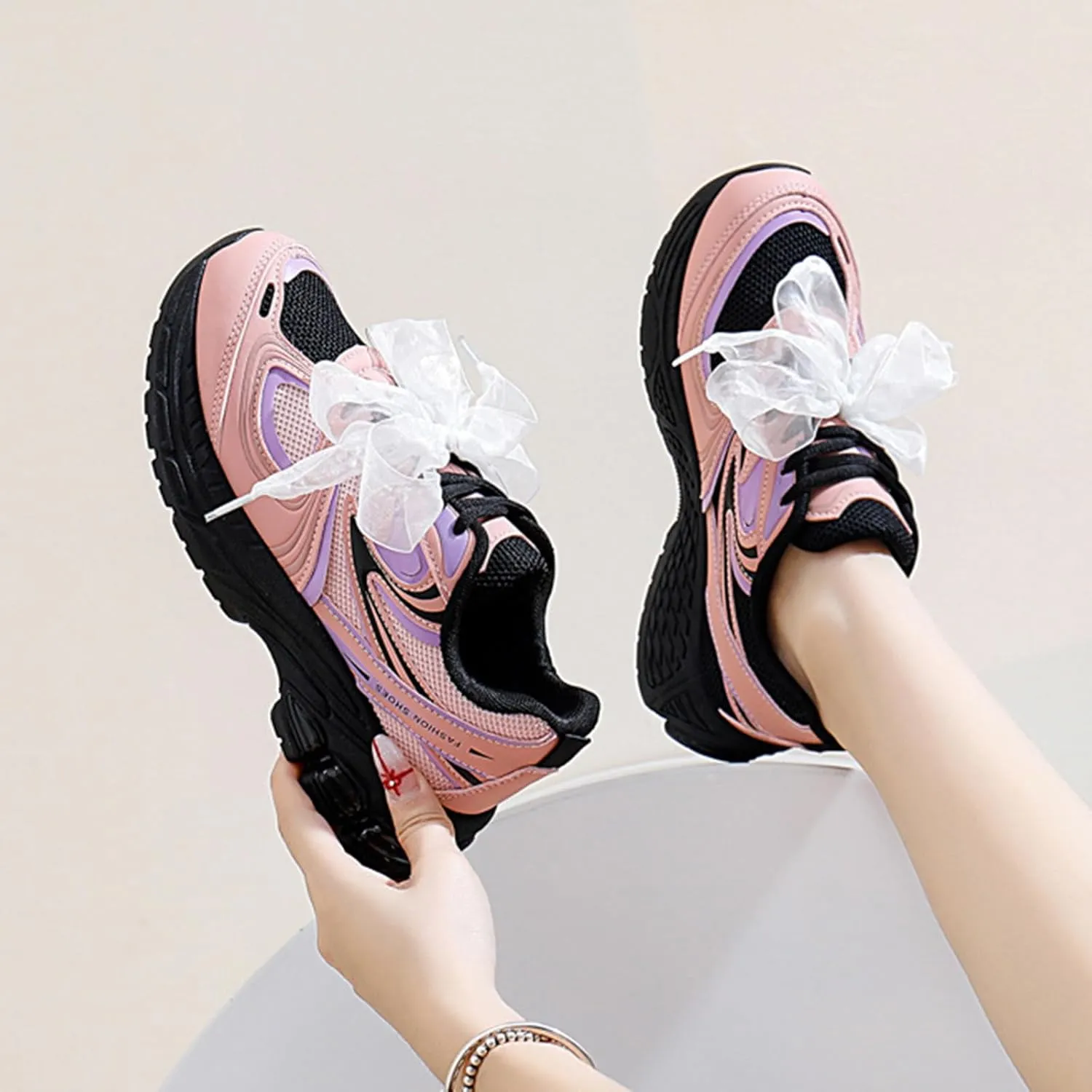 Women's Fashion Platform Trainers, Mesh Lace-up Breathable Dad Sneakers with Height Increase, Casual Autumn Fairy Style,Pink-34