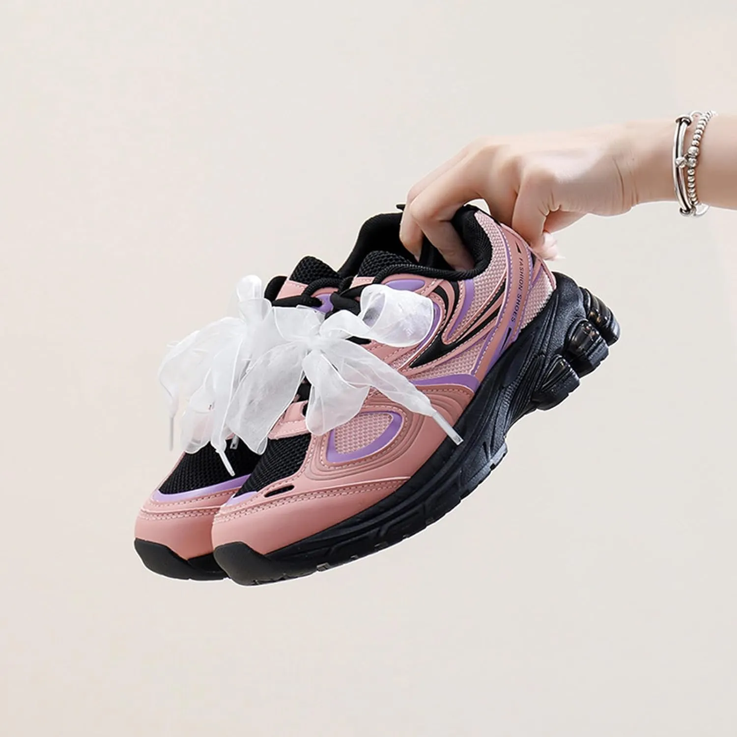 Women's Fashion Platform Trainers, Mesh Lace-up Breathable Dad Sneakers with Height Increase, Casual Autumn Fairy Style,Pink-34
