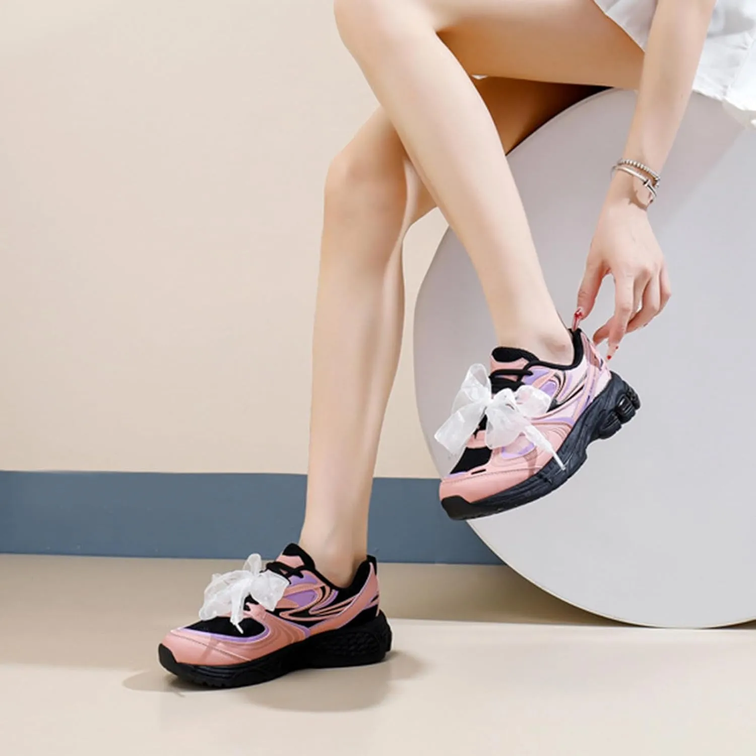 Women's Fashion Platform Trainers, Mesh Lace-up Breathable Dad Sneakers with Height Increase, Casual Autumn Fairy Style,Pink-34