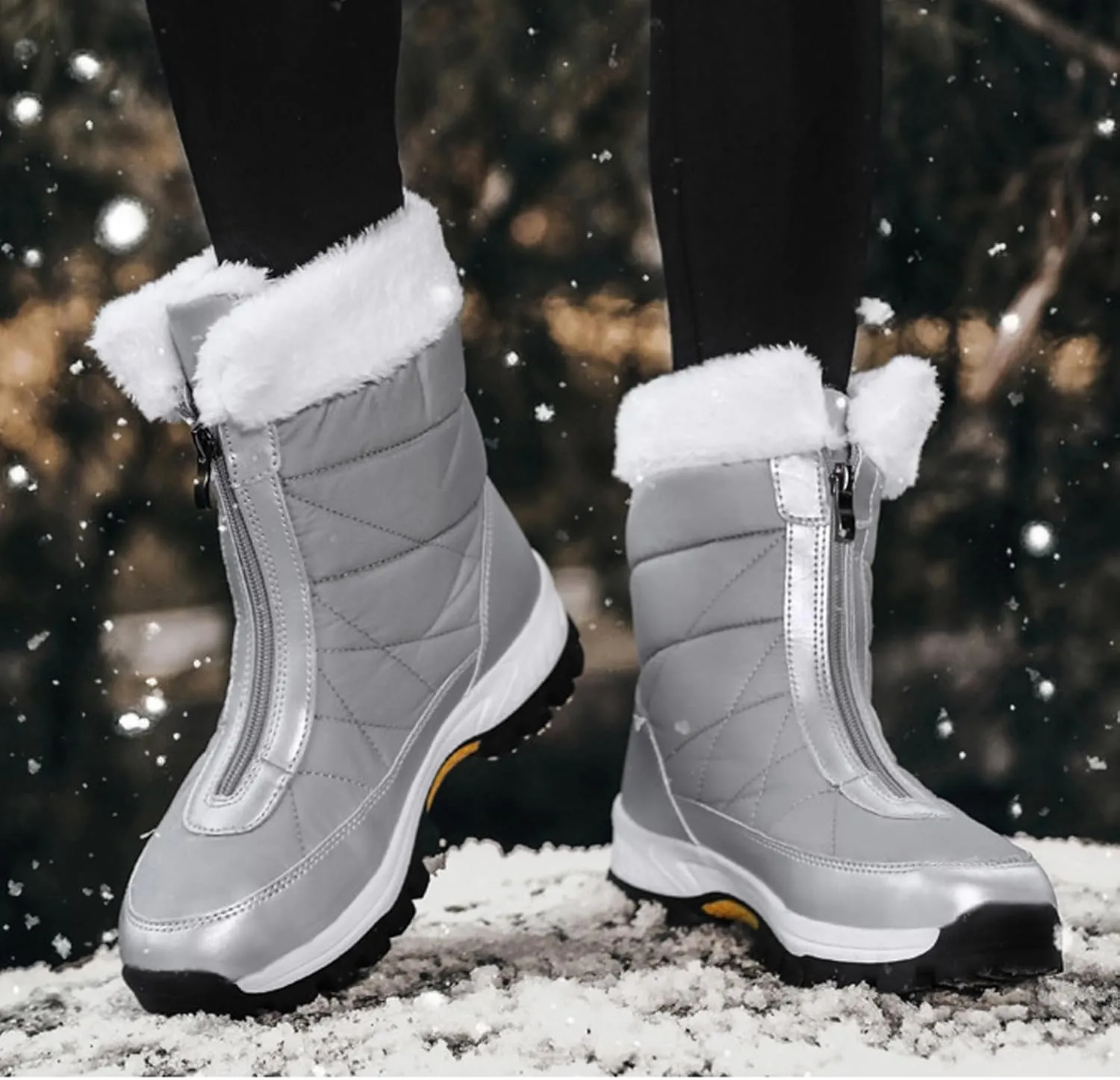 Womens Mid-Calf Snow Boots,Waterproof Warm Plush Lined Outdoor Snow Boots,Round Toe Mid Calf Outdoor Winter Snow Boot