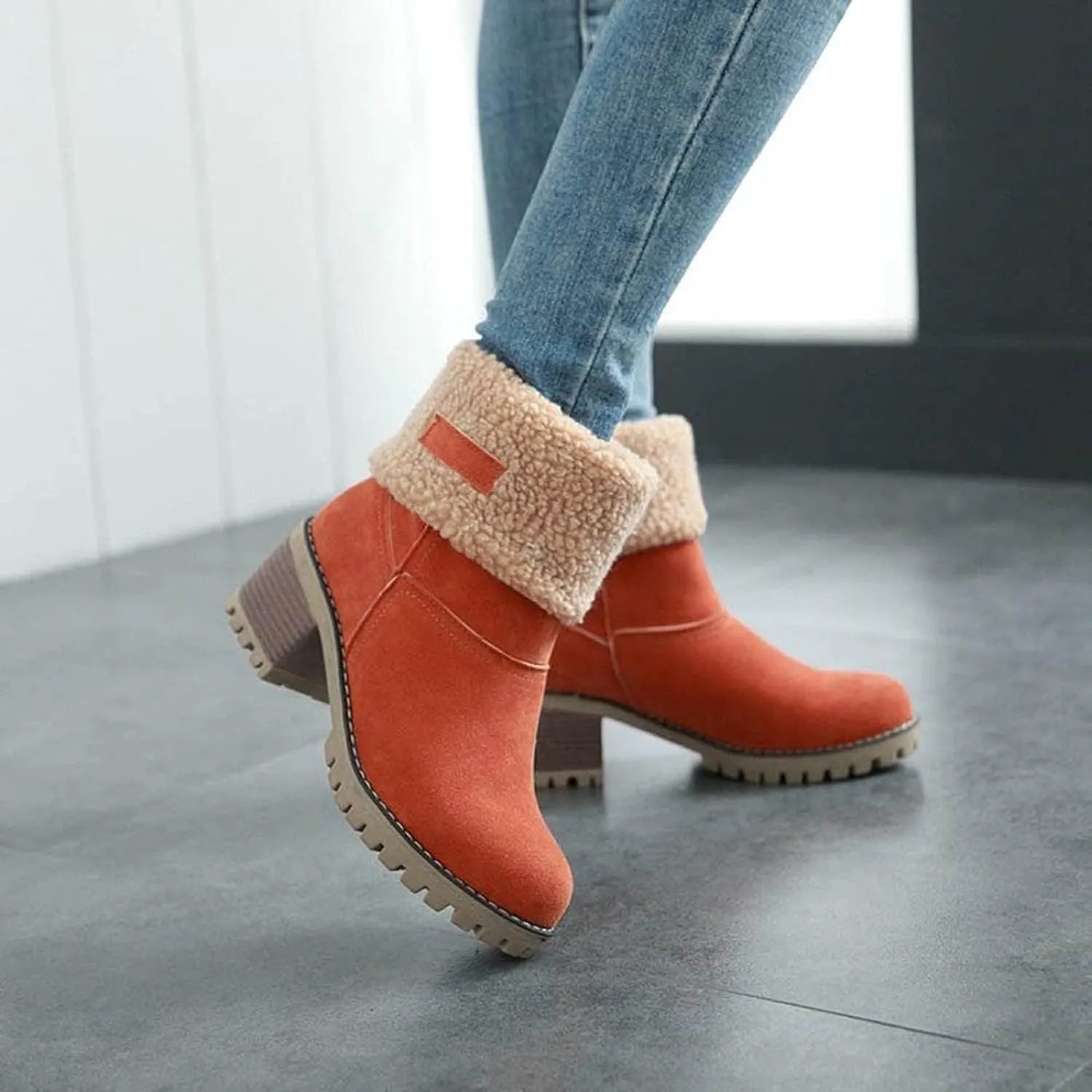 Womens Winter Snow Boots, Casual Fashion Booties, Ankle Boots, Mid Calf Boots, Outdoor Shoes, Red, Green, Black, Brown, Gray, Orange, Size 8.5
